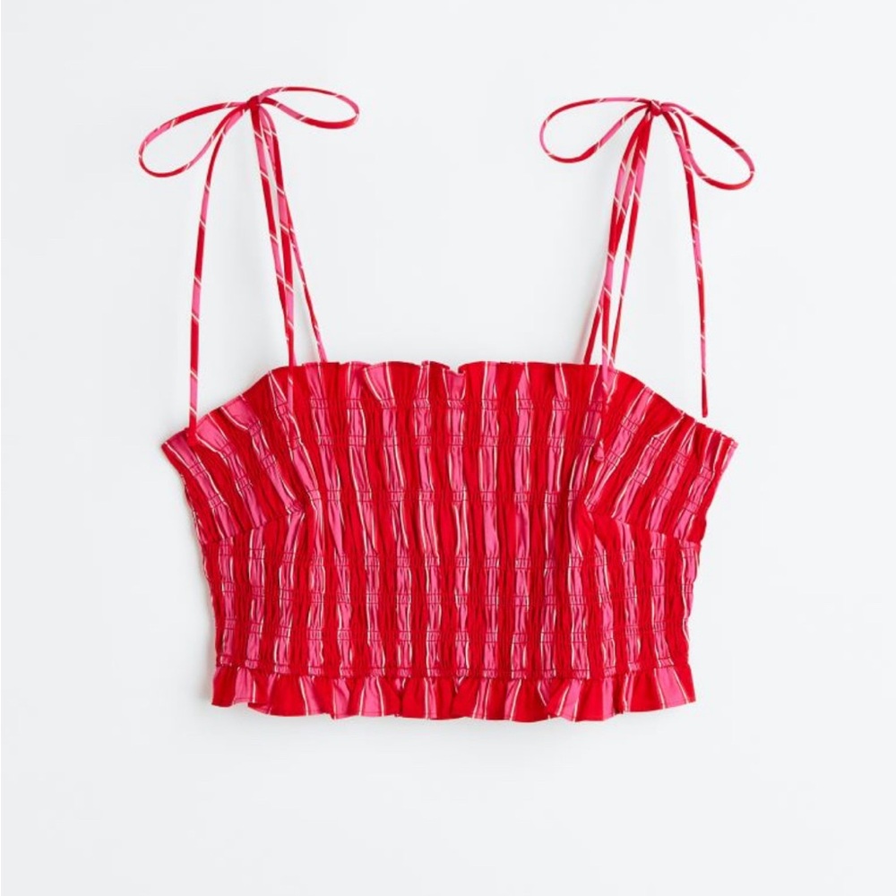H&M pink red striped smocked crop top size Large NWT